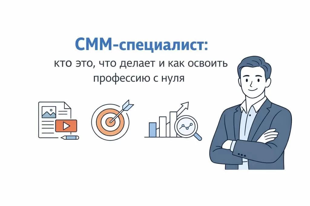 СММ специалист и иконки контента, таргета и аналитики на фоне описания профессии.