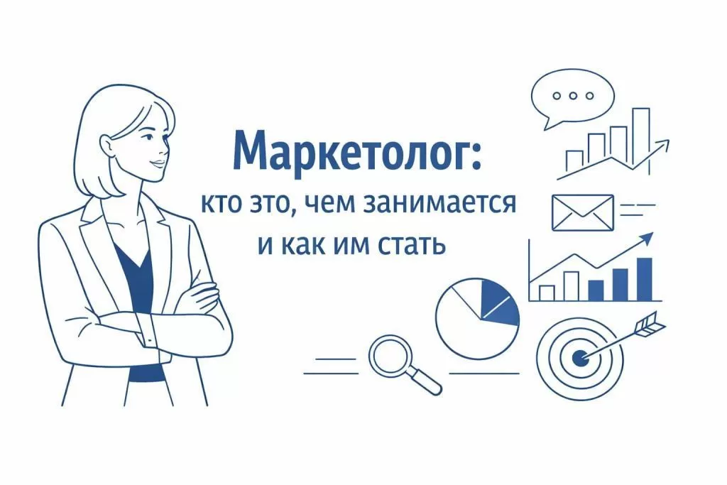 Маркетолог и иконки аналитики, стратегии и коммуникаций рядом с описанием профессии.