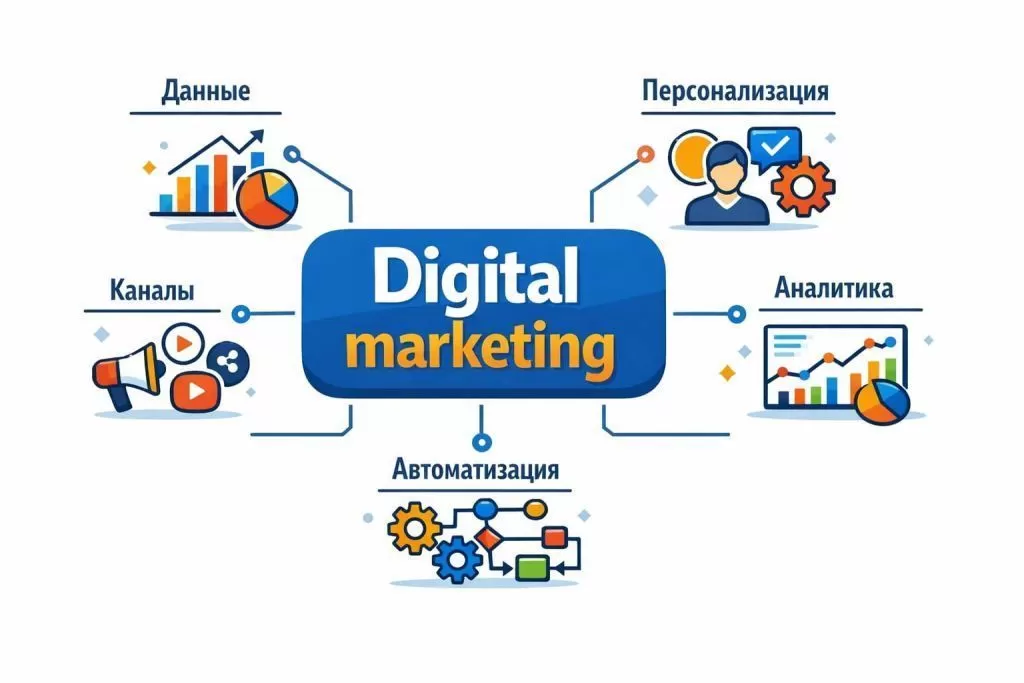 Инфографика о digital-маркетинге и принципах его работы.