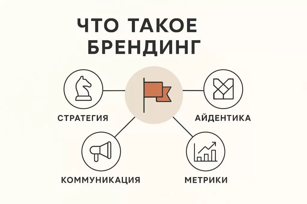 Основные компоненты брендинга: стратегия, айдентика, коммуникация и метрики.