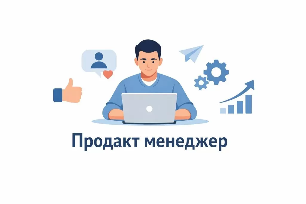 Продакт менеджер работает за ноутбуком над развитием проекта.