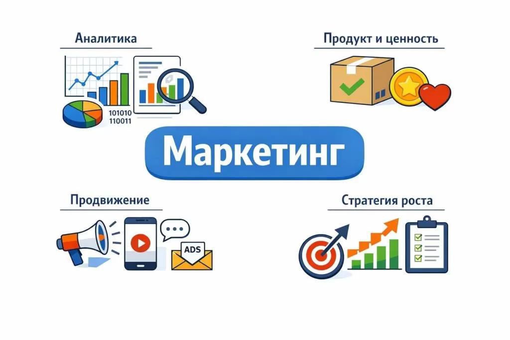 Инфографика о маркетинге, его функциях, видах и стратегиях развития бизнеса.
