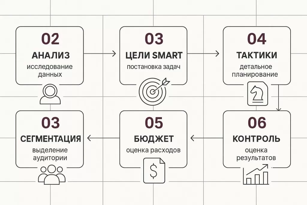 План стратегии: анализ, цели SMART, тактики, бюджет, контроль.