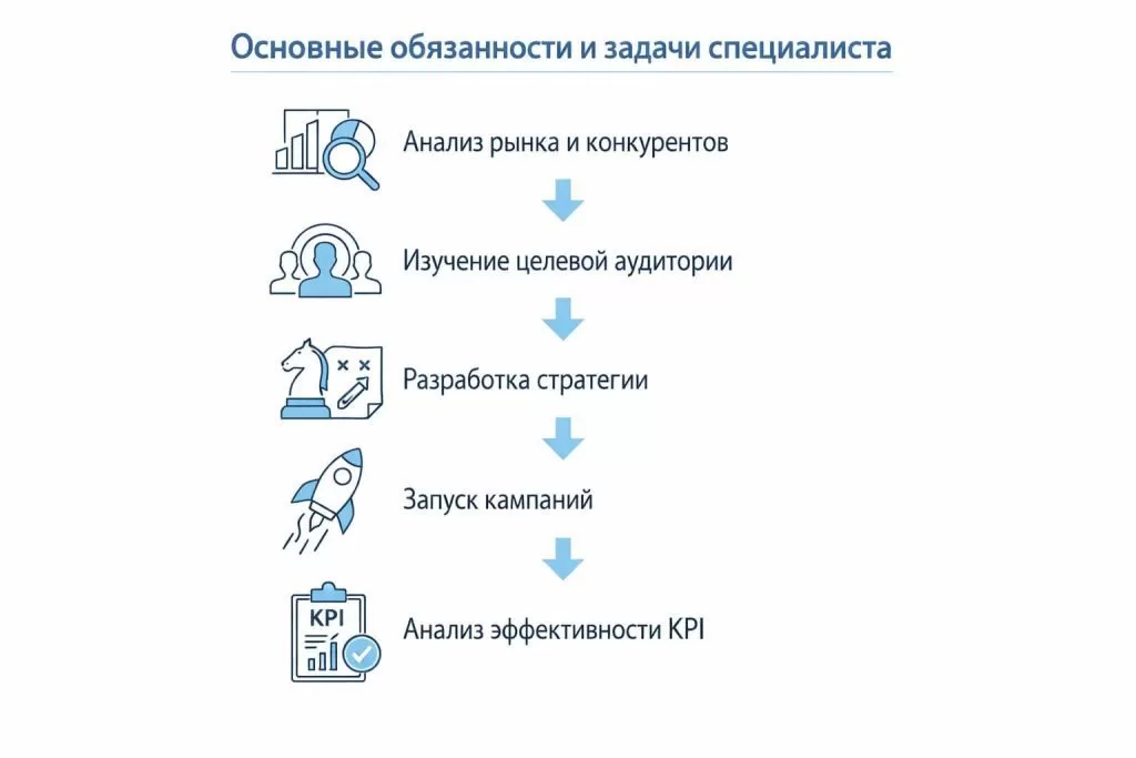 Список задач специалиста включая анализ конкурентов, стратегию и запуск рекламных кампаний.