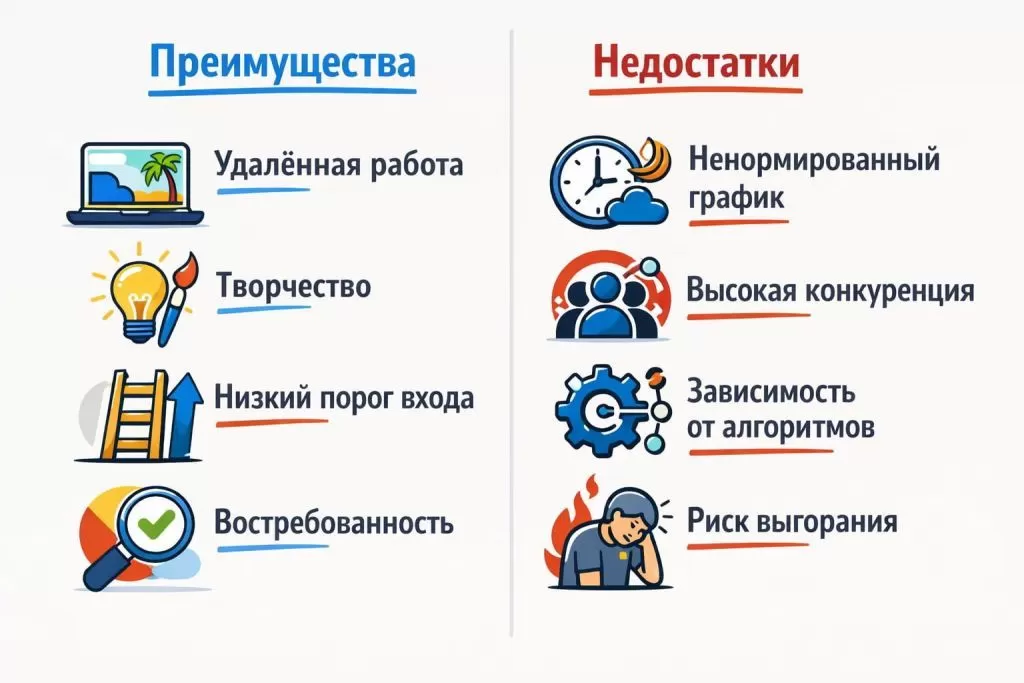 Инфографика с преимуществами и недостатками профессии SMM-менеджера.