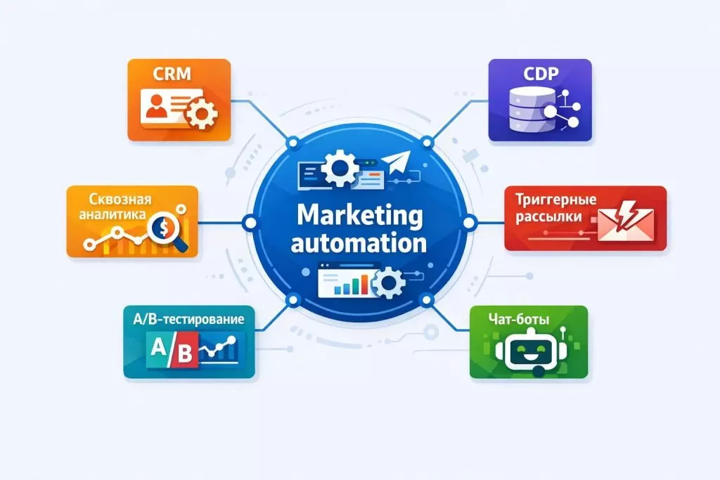 Инфографика с автоматизацией и технологиями digital-маркетинга.