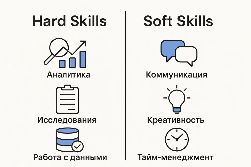 Hard и Soft skills: аналитика, коммуникация, креативность.