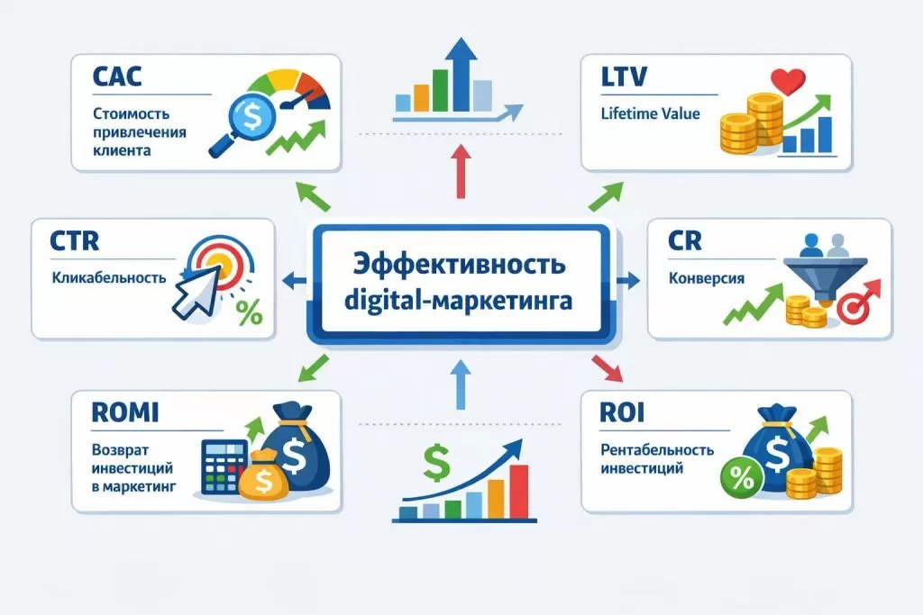 Инфографика с ключевыми KPI digital-маркетинга.