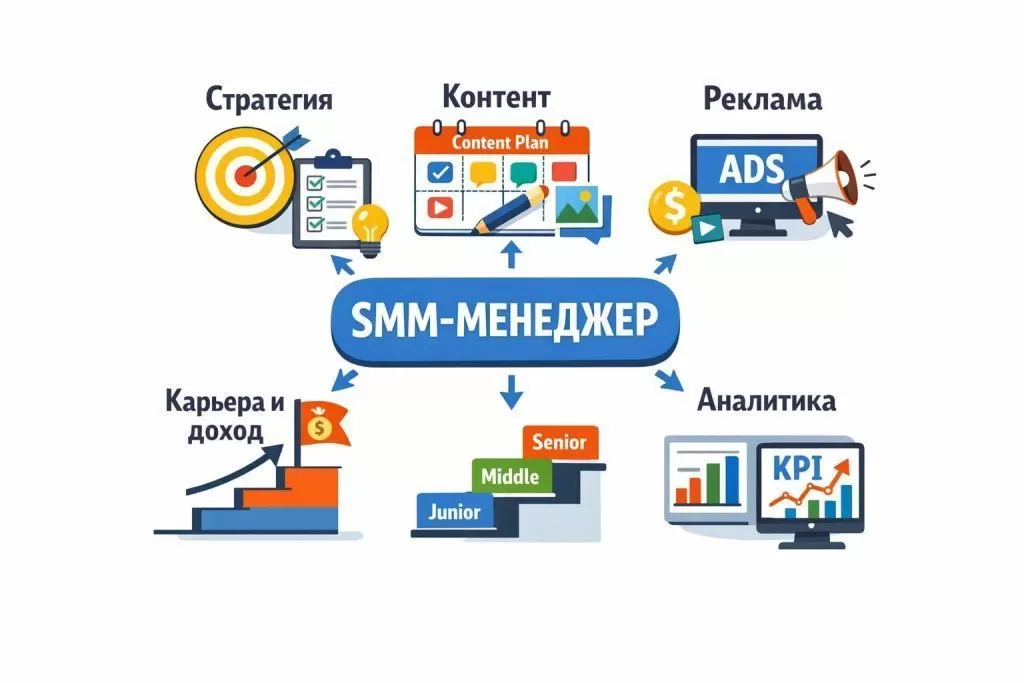 Инфографика о профессии SMM-менеджера, обязанностях, зарплате и карьерном пути.