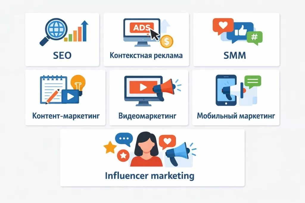Инфографика с основными каналами и инструментами digital-маркетинга.