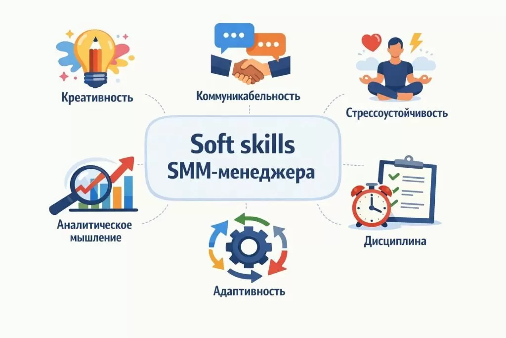 Инфографика с ключевыми soft skills SMM-менеджера.