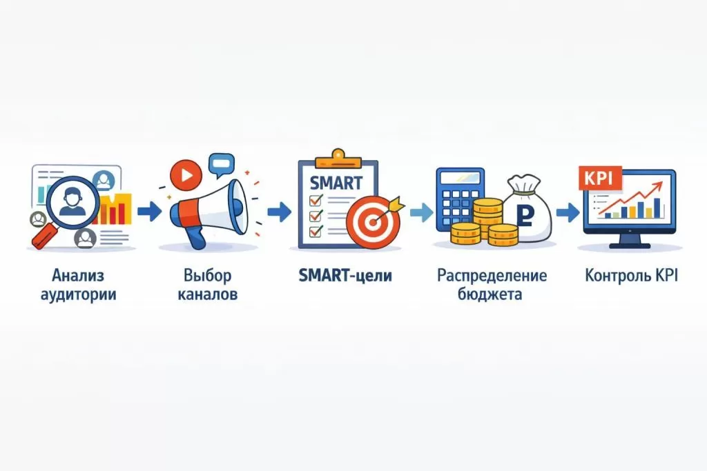 Инфографика с этапами разработки стратегии digital-маркетинга.