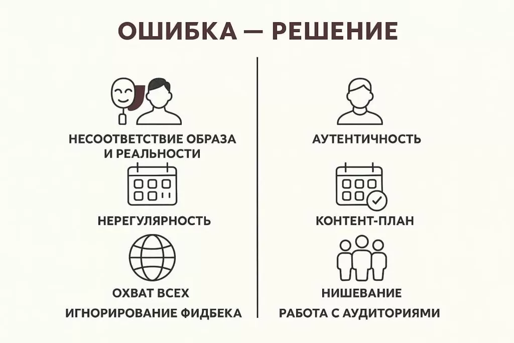 Ошибки и решение: несоответствие, нерегулярность, работа с аудиторией.