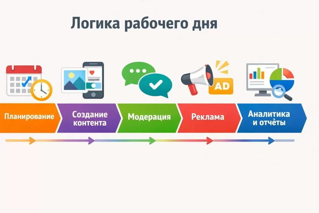 Инфографика с основными обязанностями и рабочим днём SMM-менеджера.