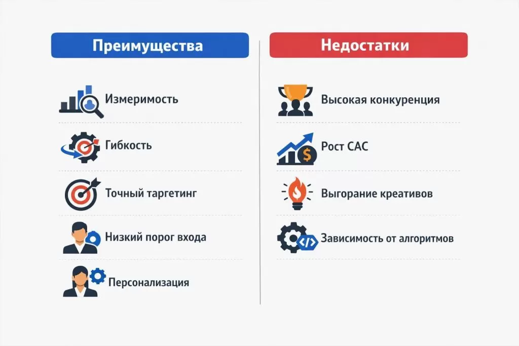 Инфографика с преимуществами и недостатками digital-маркетинга.
