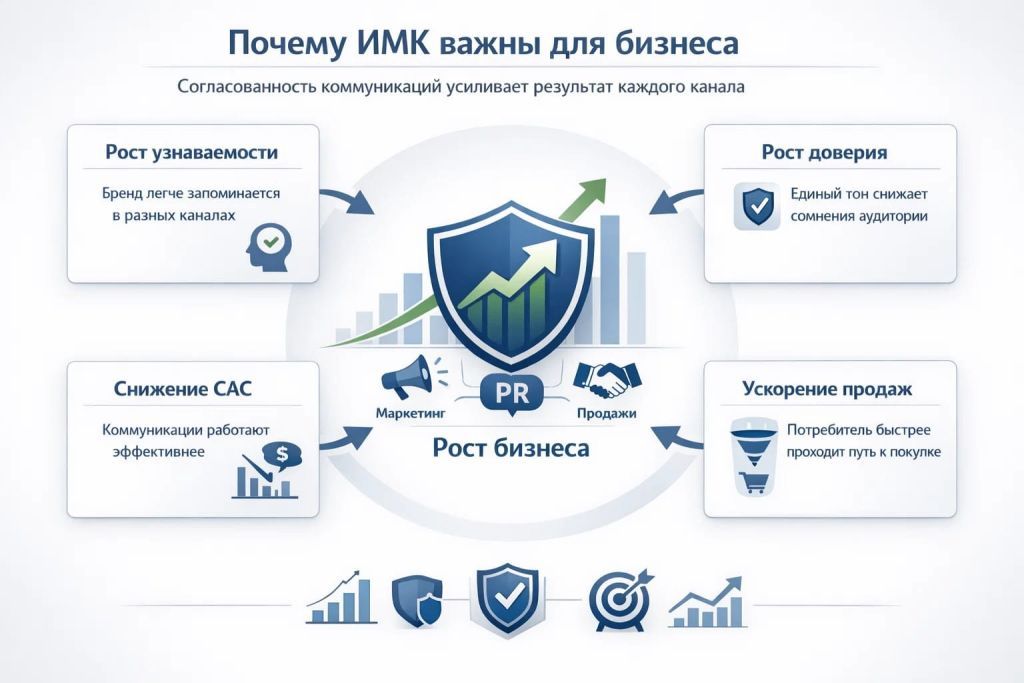 Инфографика о преимуществах ИМК для бизнеса: рост узнаваемости, доверия, продаж и эффективности маркетинга.