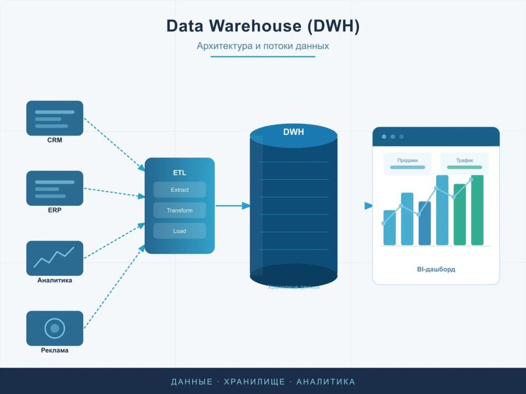 Схема архитектуры Data Warehouse: источники данных, ETL-слой, централизованное хранилище и BI-дашборды