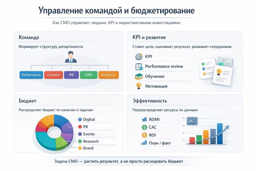 Инфографика о работе CMO с командой и бюджетом: структура департамента, KPI, распределение бюджета и контроль эффективности.
