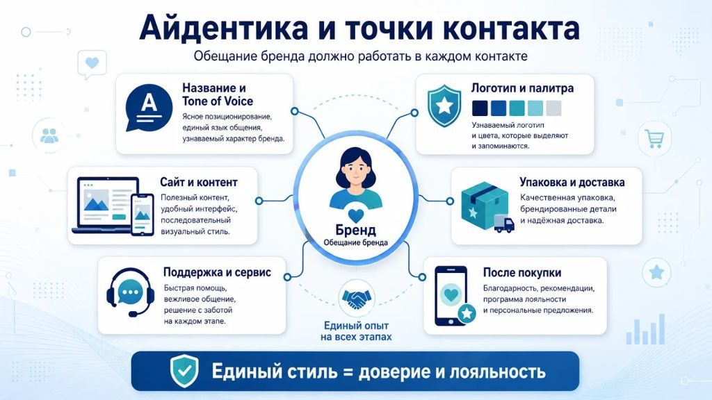 Айдентика и точки контакта бренда: сайт, упаковка, сервис и коммуникации.
