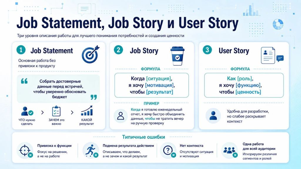 Job Statement, Job Story и User Story: формулы, примеры и типичные ошибки.