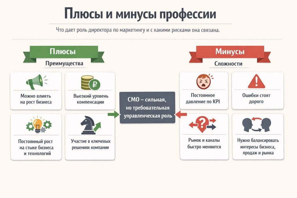 Инфографика о плюсах и минусах профессии директора по маркетингу с визуальным сравнением преимуществ и сложностей.