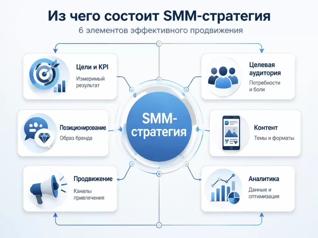 Структура SMM-стратегии: цели, целевая аудитория, позиционирование, контент, продвижение и аналитика