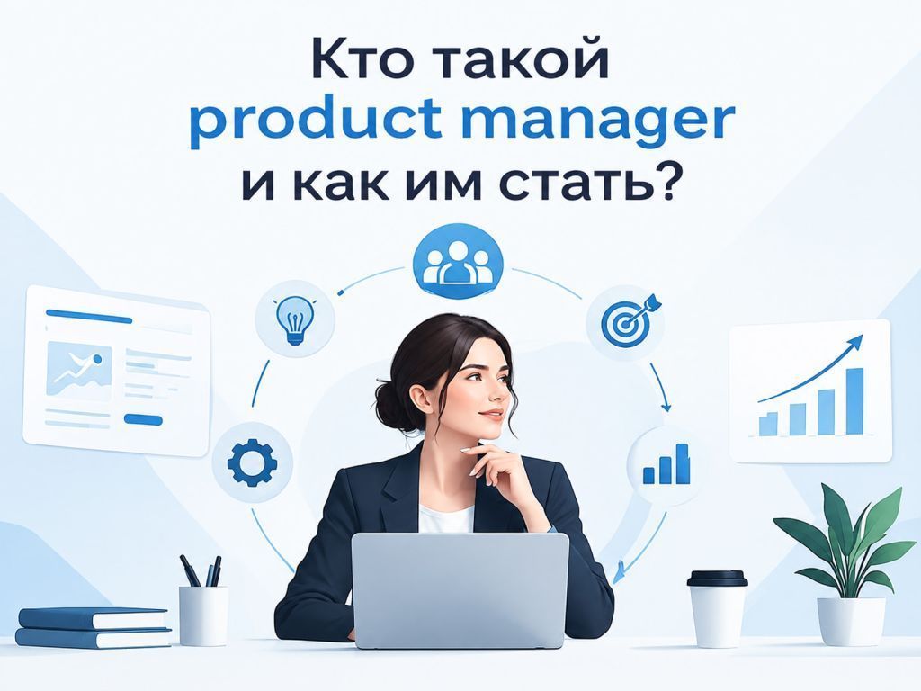 Иллюстрация роли product manager в центре продуктовой экосистемы с аналитикой, исследованиями и роадмапом
