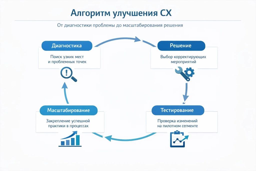 Инфографика с алгоритмом улучшения CX: диагностика, решение, тестирование и масштабирование.