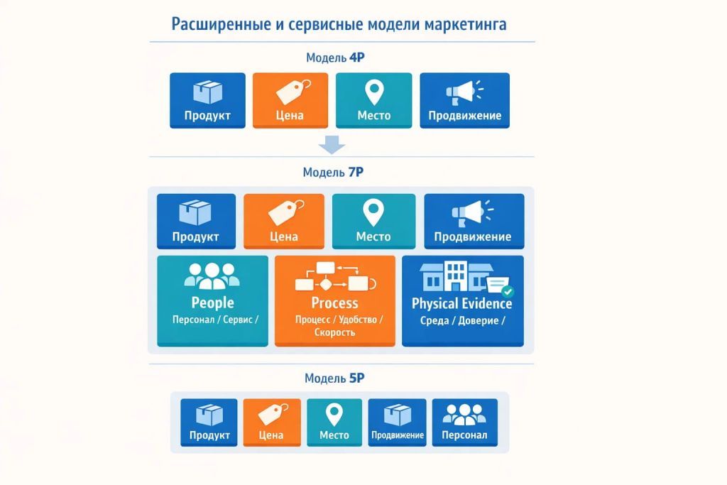 Инфографика о сервисных моделях маркетинга: 7P и 5P, с акцентом на персонал, процессы и физические доказательства качества.