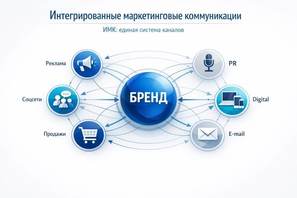 Обложка-инфографика об ИМК: единая система маркетинговых коммуникаций, объединяющая рекламу, PR, digital и про