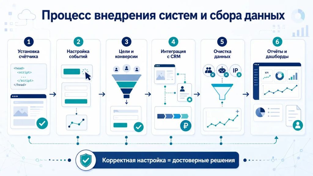 Инфографика о процессе внедрения систем веб-аналитики и настройки сбора данных. 