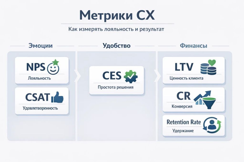 Инфографика о ключевых метриках CX: NPS, CSAT, CES, LTV, CR и Retention Rate.