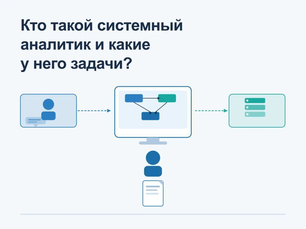 Системный аналитик за рабочим столом соединяет бизнес-требования и техническую команду через схемы и документацию