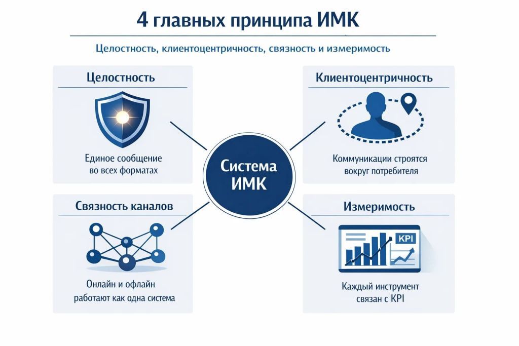 Инфографика с четырьмя принципами ИМК: целостность, клиентоцентричность, связность каналов и измеримость.