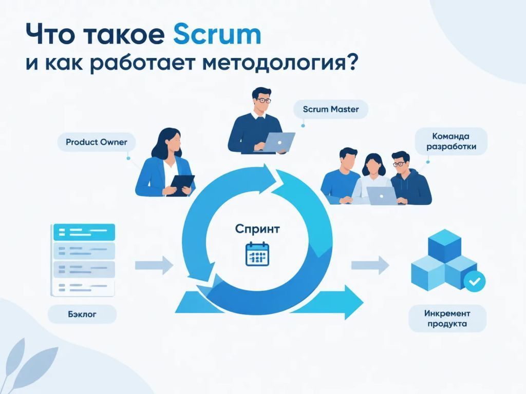 Схема методологии Scrum: цикл спринта с ролями Product Owner, Scrum Master и командой разработки, бэклог и инкремент продукта