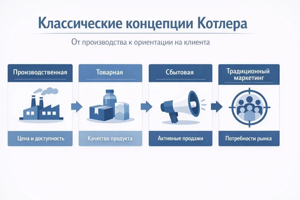 Инфографика о классических концепциях Котлера: производственная, товарная, сбытовая и традиционный маркетинг.