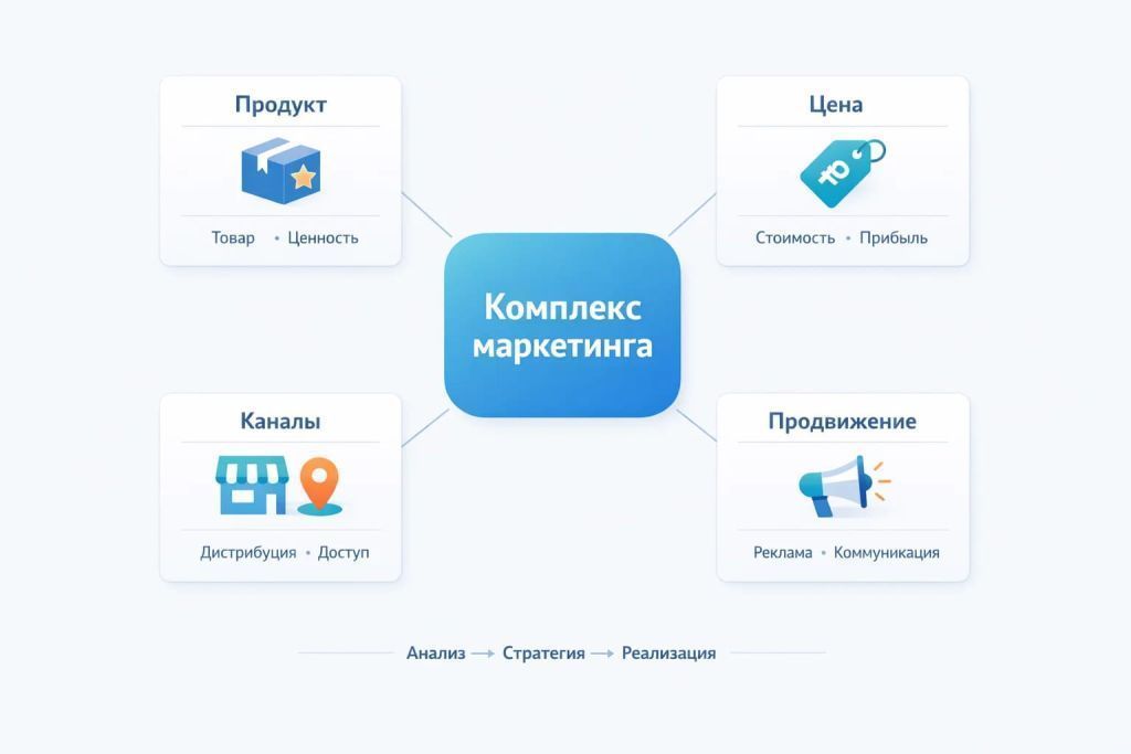 Минималистичная инфографика о комплексе маркетинга: продукт, цена, каналы, продвижение и единая маркетинговая система.