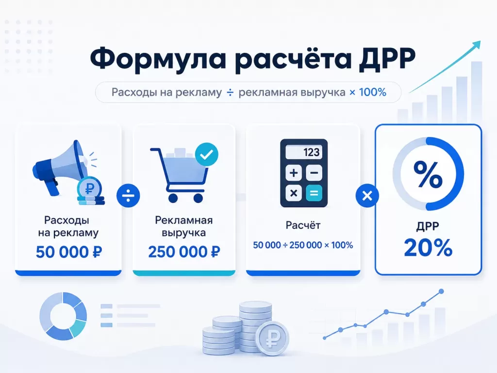 Формула расчёта ДРР с примером: рекламные расходы 50 000 рублей и выручка 250 000 рублей