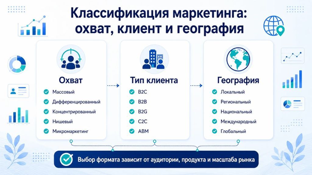 Классификация маркетинга по охвату, типу клиента и географии.