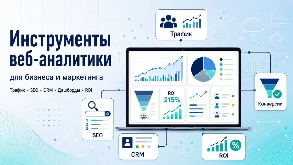 Обложка статьи «Инструменты веб-аналитики для бизнеса и маркетинга» с дашбордами, метриками, SEO и CRM-интеграциями. 