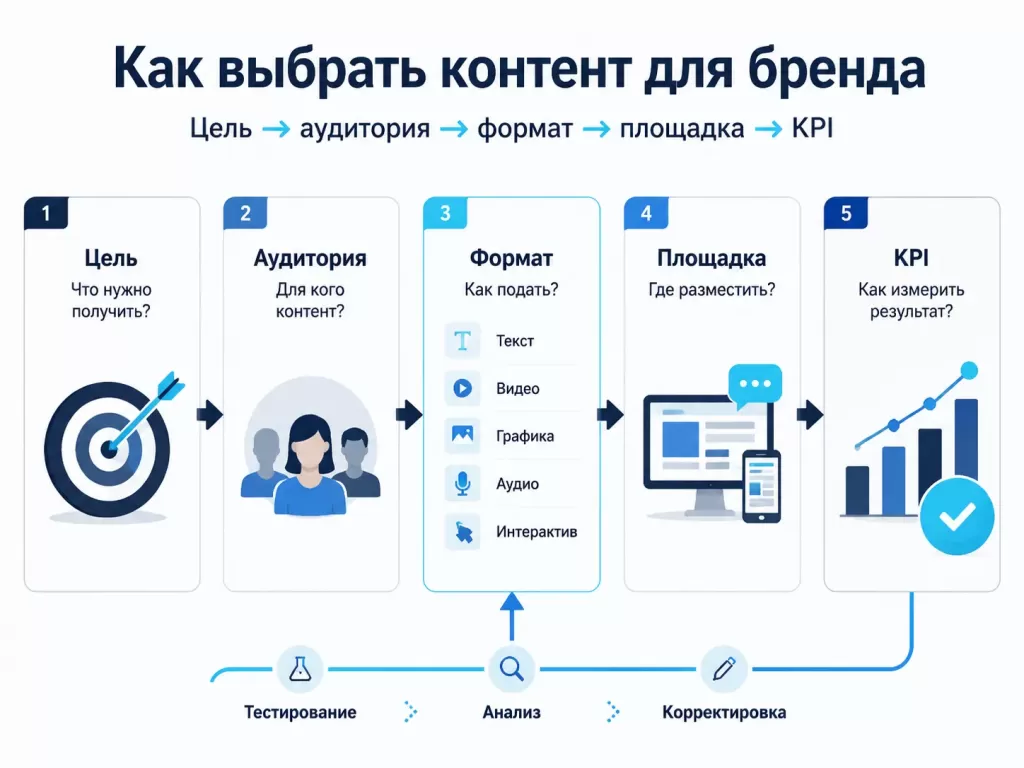 Как выбрать контент для бренда: цель, аудитория, формат, площадка и KPI