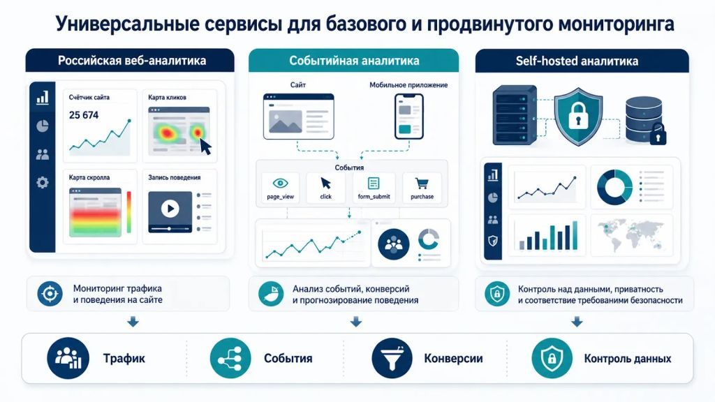 Инфографика об универсальных сервисах веб-аналитики для мониторинга трафика, событий, конверсий и поведения пользователей. 