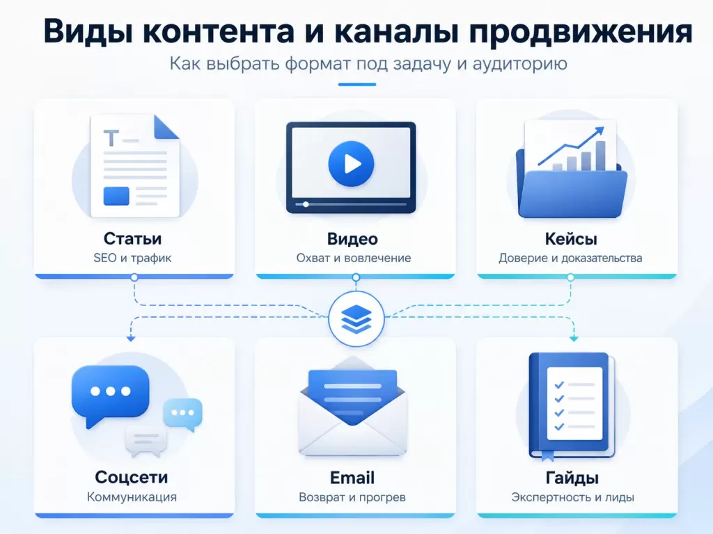 Виды контента и каналы продвижения: статьи, видео, кейсы, соцсети, email и гайды