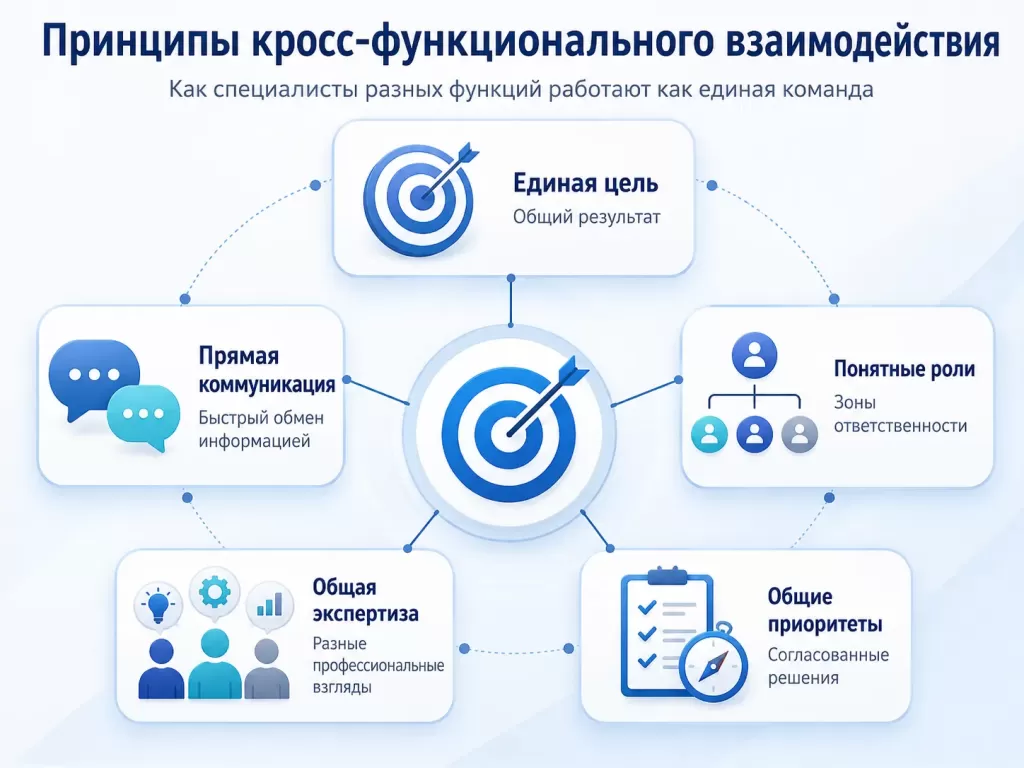 Принципы кросс-функционального взаимодействия: единая цель, коммуникация, роли, экспертиза и общие приоритеты