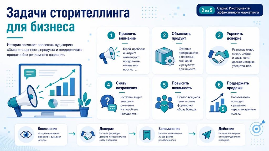 Задачи сторителлинга для бизнеса: внимание, доверие, лояльность и поддержка продаж.