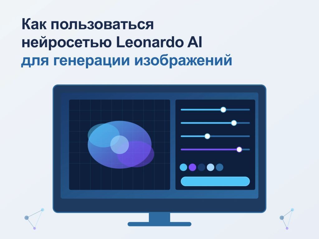 Иллюстрация рабочего места с монитором, на котором нейросеть генерирует изображение, с элементами управления параметрами и цветовой палитрой