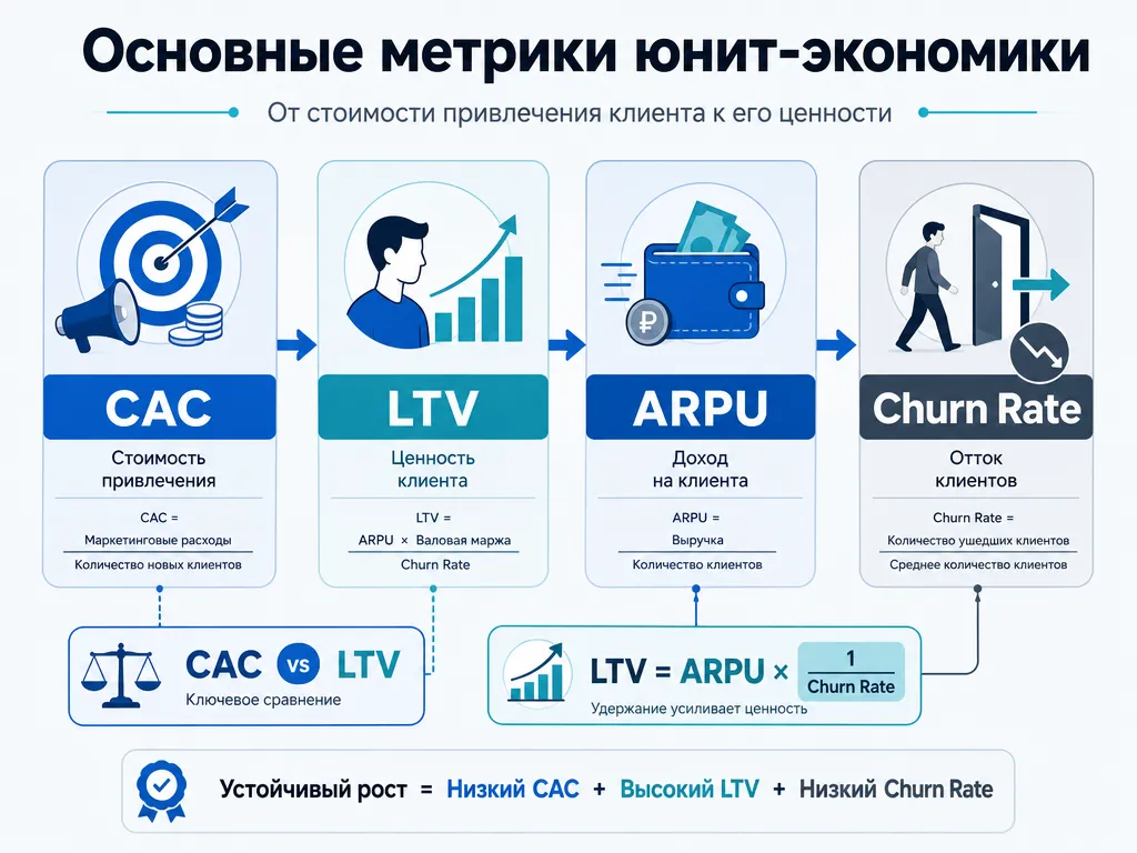 Основные метрики юнит-экономики: CAC, LTV, ARPU и Churn Rate