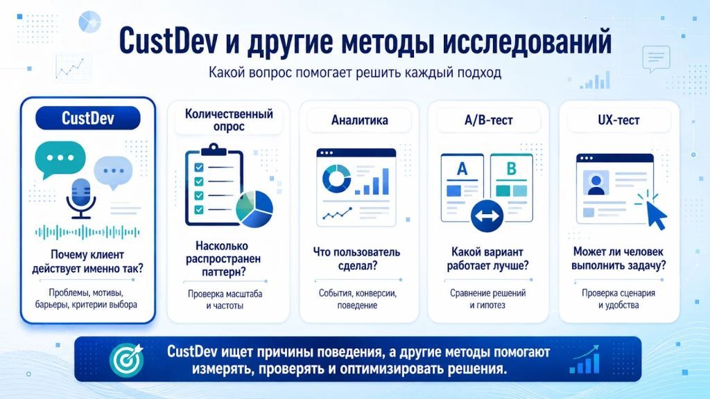 CustDev и методы исследований: опросы, аналитика, A/B-тесты и UX-тесты.