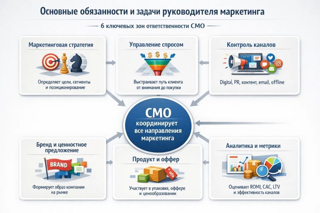 Инфографика с основными обязанностями руководителя маркетинга: стратегия, спрос, каналы, бренд, продукт и аналитика.
