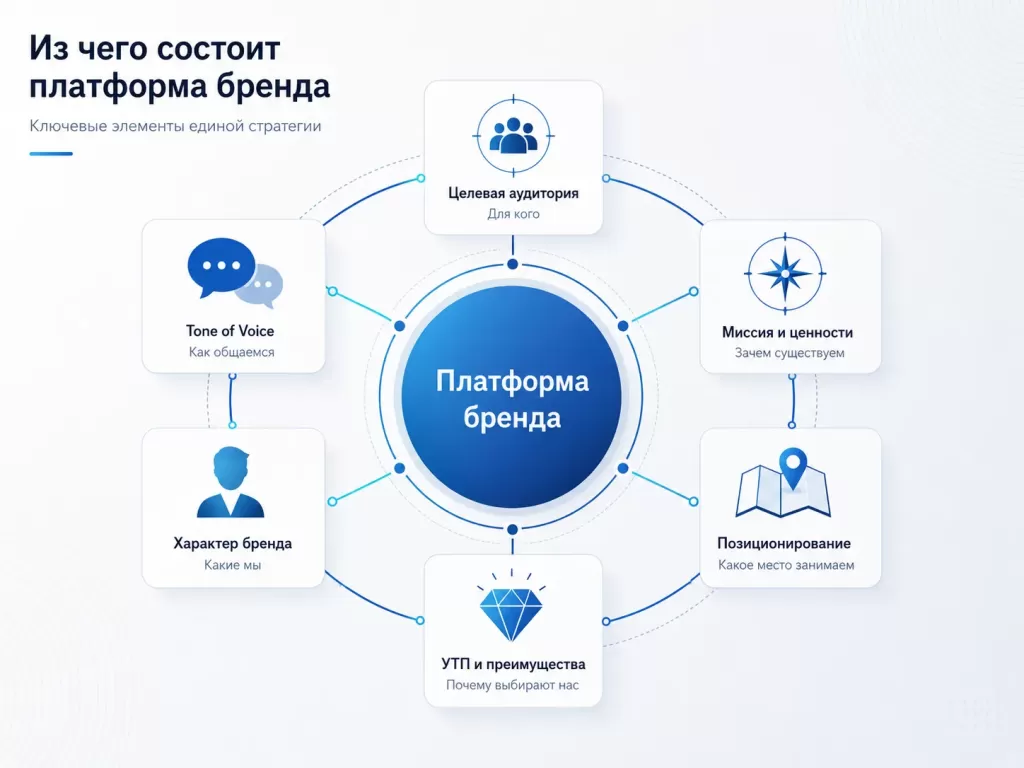 Основные элементы платформы бренда: аудитория, ценности, позиционирование, УТП и коммуникация